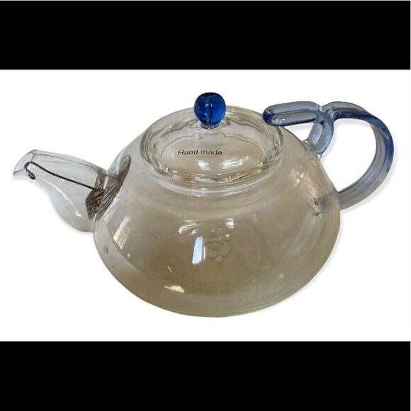 Teavana Hand Made Clear & Blue Glass TEAPOT - Picture 1 of 6
